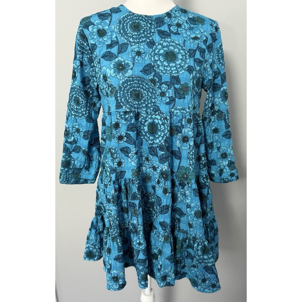 Zara Tiered Babydoll Swing‎ Mini Floral Blue Sharon Dress Size XS Long Sleeve
